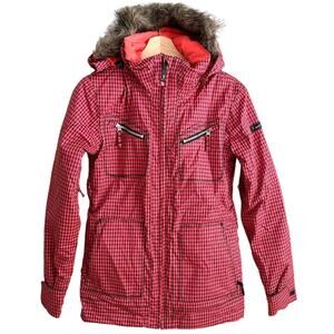 Ride Snowboards Pink Gingham Check Plaid Ski Winter Jacket Faux Fur Hood S Coat